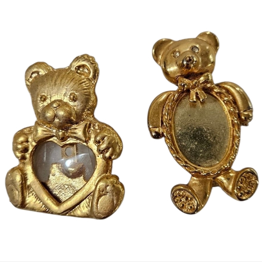 Vintage Gold Tone Teddy Bear Photo Holding Brooch Set of 2 Lapel Pins Lockets